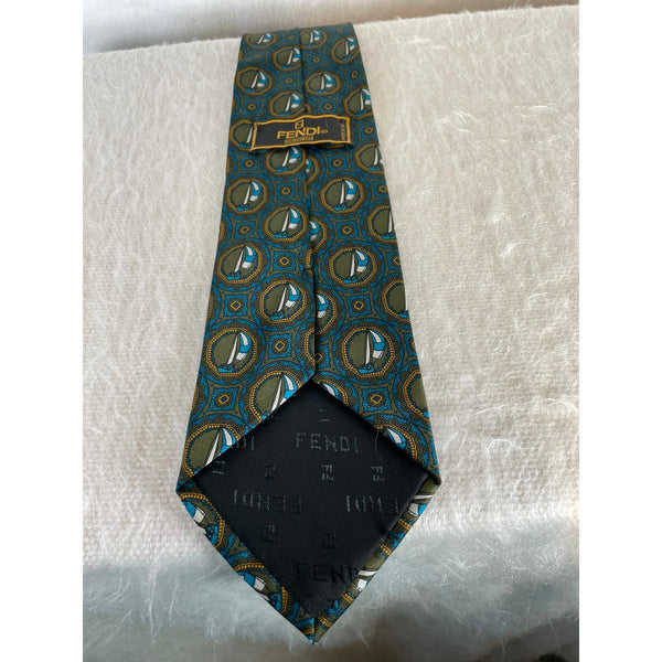 Vintage Fendi Italian Silk Luxury Necktie Sailboat Green Blue Geometric