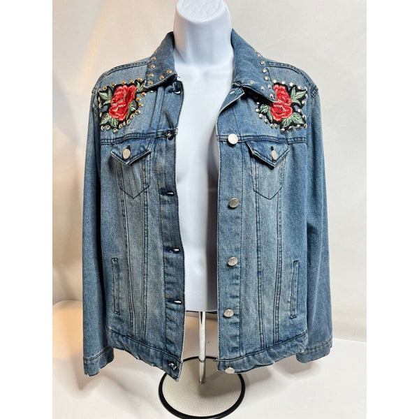 Crave Fame by Almost Famous Women's Y2K Embroidered Studded Denim Jacket Size XS